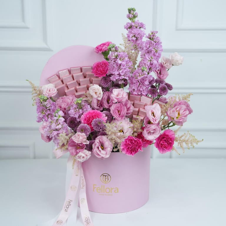Pink Mixed Flowers And Chocolates Luxury Flower Box-C101 - Image 1