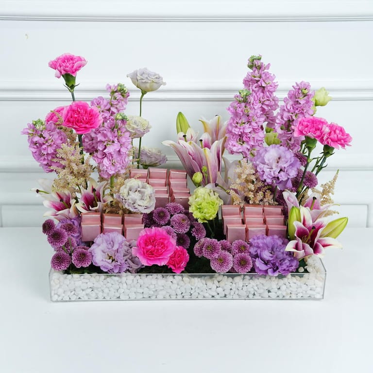 Pink Mixed Flowers And Chocolates Table Arrangement-C102 - Image 1