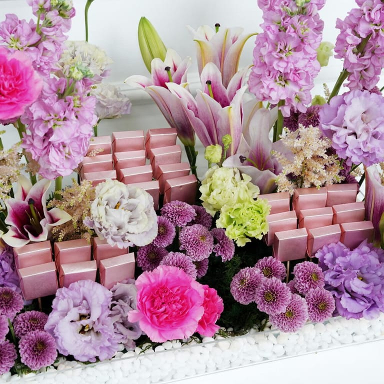 Pink Mixed Flowers And Chocolates Table Arrangement-C102 - Image 2