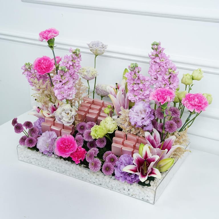 Pink Mixed Flowers And Chocolates Table Arrangement-C102 - Image 3