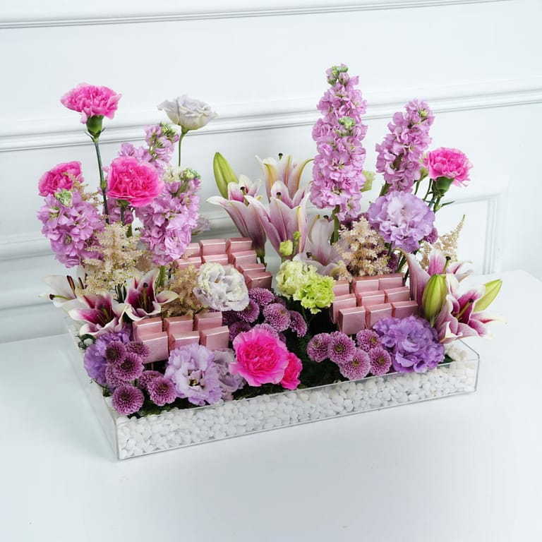 Pink Mixed Flowers And Chocolates Table Arrangement-C102 - Image 4