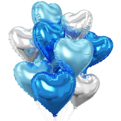 9 Blue Light Blue And Silver Heart Foil Balloons Bouquet-A1045