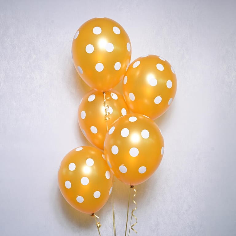 5 Golden Latex Balloons With White Polka Dots-A1061 - Image 1