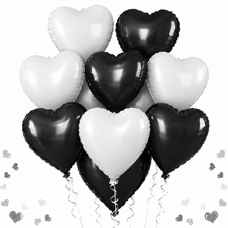 9 Black And White Heart Helium Foil Balloons-A1172 - Image 1