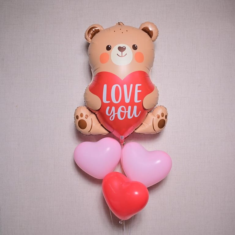 Love You Teddy Bear And 3 Heart Helium Balloon Set-A1368 - Image 1