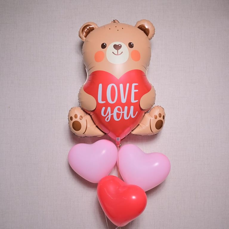 Love You Teddy Bear And 3 Heart Helium Balloon Set-A1368 - Image 4