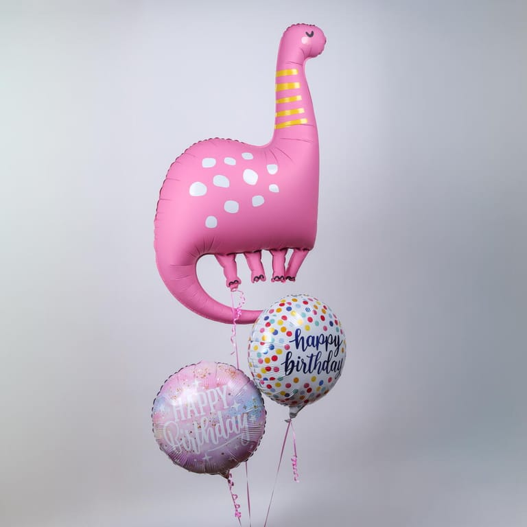 Pink Dinosaur And Happy Birthday Foil Balloon Bouquet-A1428 - Image 1