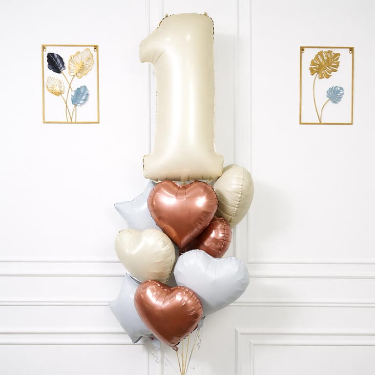 Any Single Number Beige And Heart Foil Balloon Bouquet-A1642 - Image 1