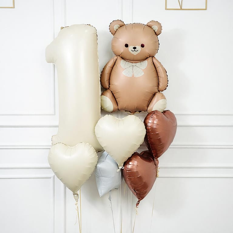 Beige Number One And Teddy Bear Helium Foil Balloon Bouquet-A1645 - Image 1