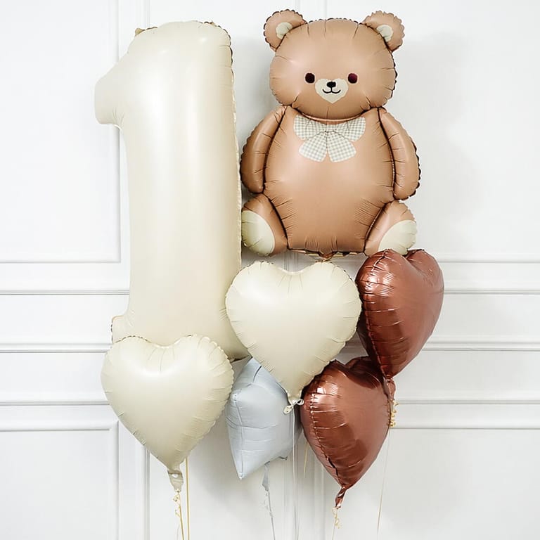 Beige Number One And Teddy Bear Helium Foil Balloon Bouquet-A1645 - Image 4