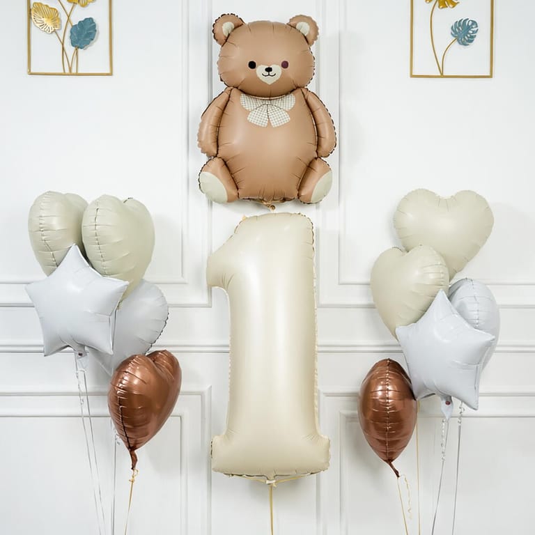 Beige Number One Teddy Bear And Heart Foil Balloon Set-A1651 - Image 1