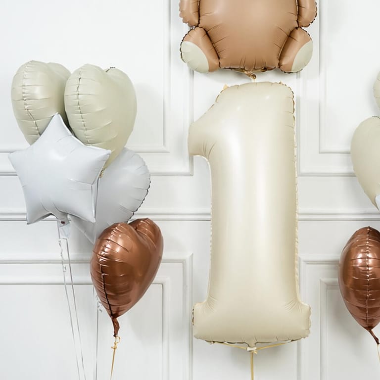 Beige Number One Teddy Bear And Heart Foil Balloon Set-A1651 - Image 3