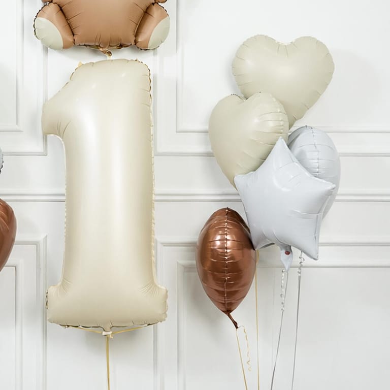 Beige Number One Teddy Bear And Heart Foil Balloon Set-A1651 - Image 4