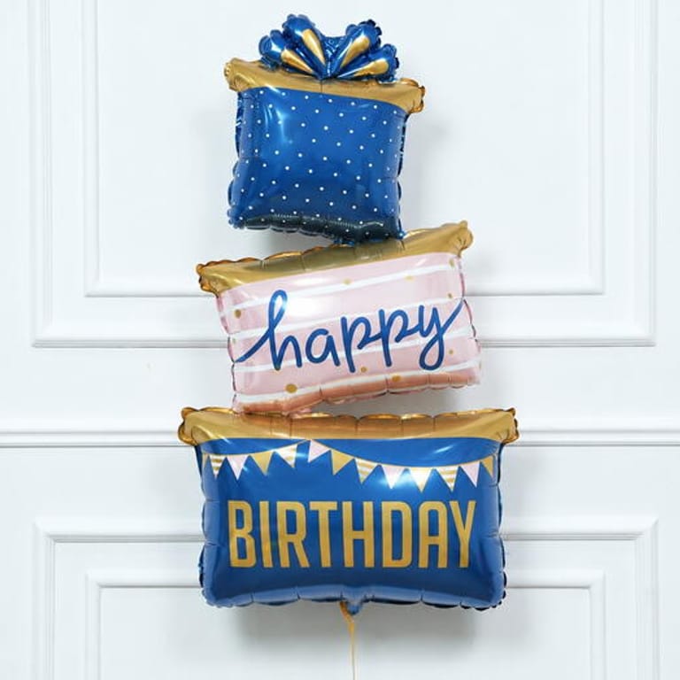 Blue And Gold Three Stacked Gift Boxes Birthday Foil-A1835 - Image 1