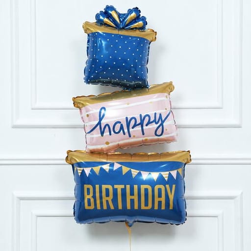 Blue And Gold Three Stacked Gift Boxes Birthday Foil-A1835