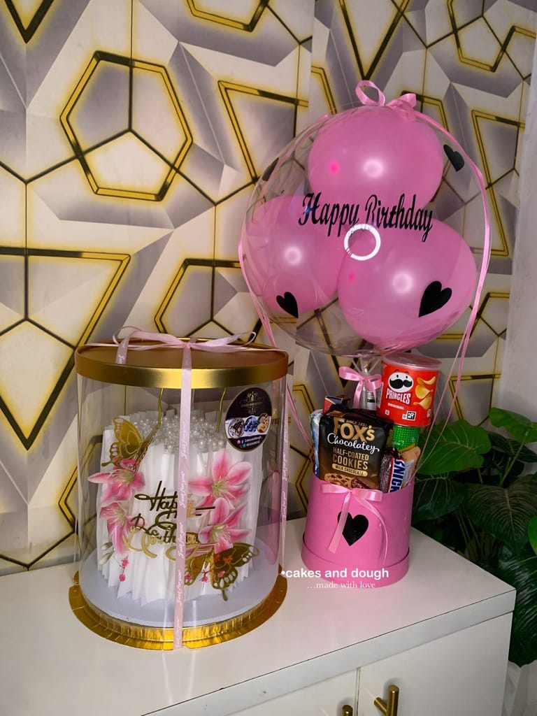 Pink Balloon Treat Box And Wafer Paper Design Cake Combo - Image 1