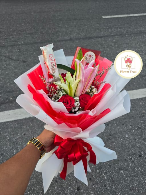❤️ Premium Red Rose, Lily & Chocolate Mixed Bouquet 🍫