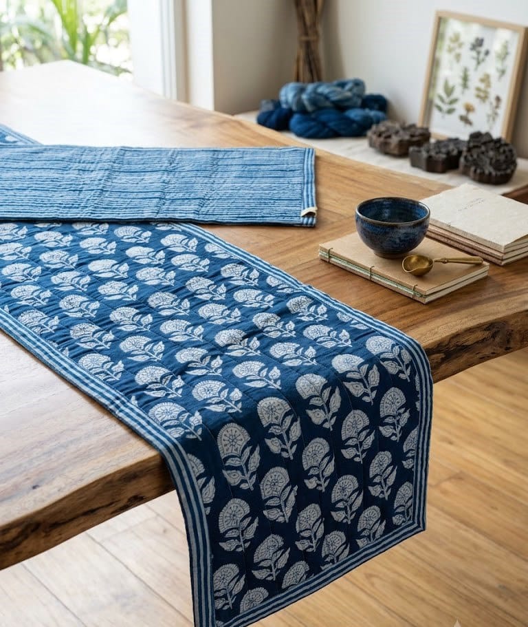 Reversible Indigo Block Print Table Runner. - Image 1