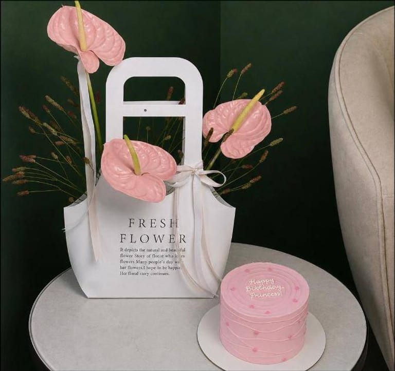 Pink Anthurium Flower Bag with Cake - Image 1