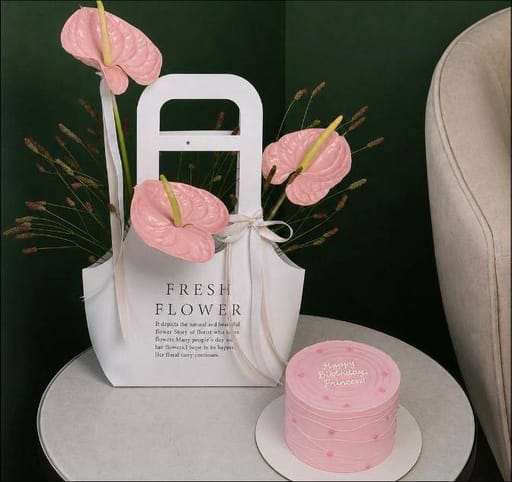 Pink Anthurium Flower Bag with Cake