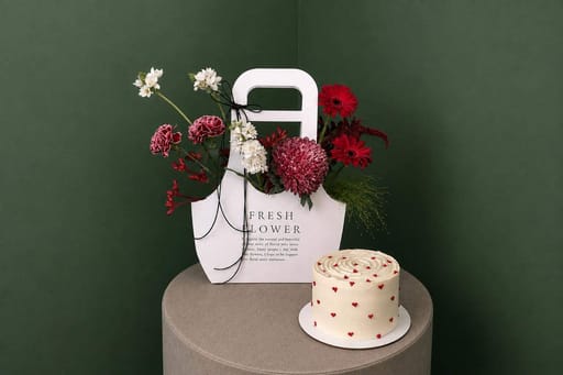 Velvet Bloom Flower Bag With Cake