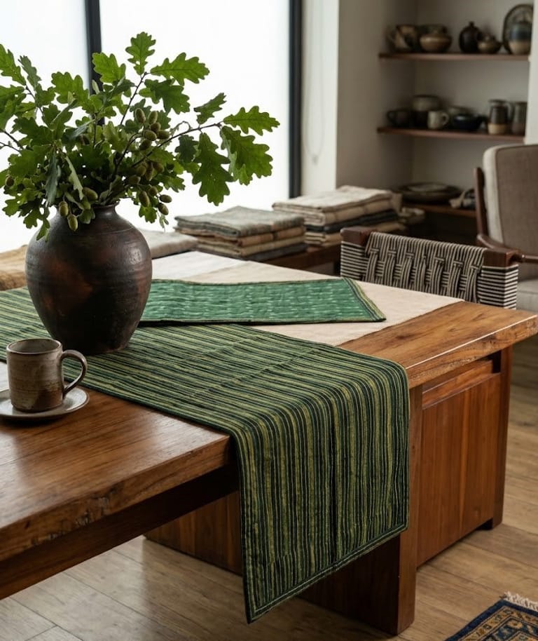 Handcrafted Reversible Green Block Print Table Runners. - Image 1