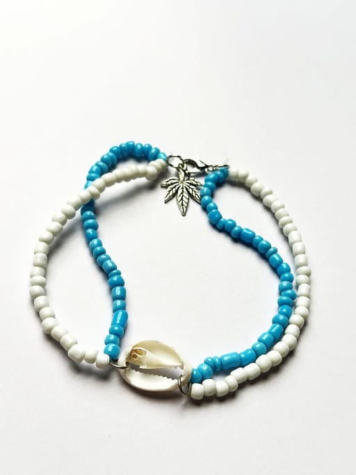 White-Indigo beaded cowrie shell with leaf anklet