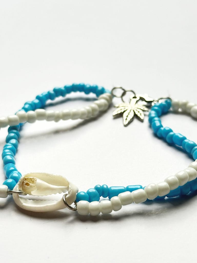 White-Indigo beaded cowrie shell with leaf anklet - Image 2