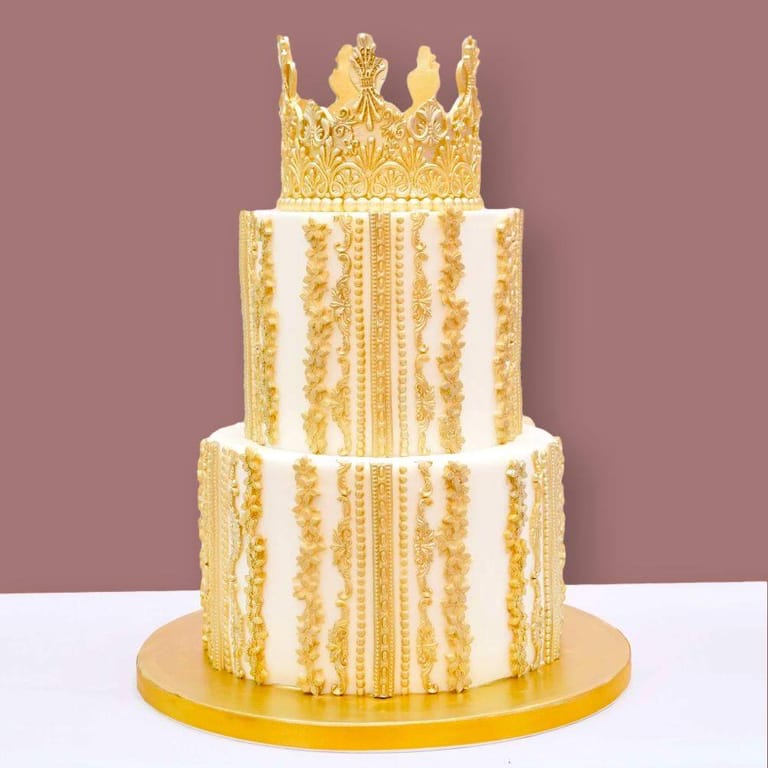 Royal White and Gold Cake with Crown - Image 1