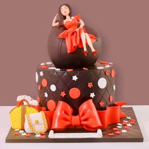 Pretty lady in red dress cake