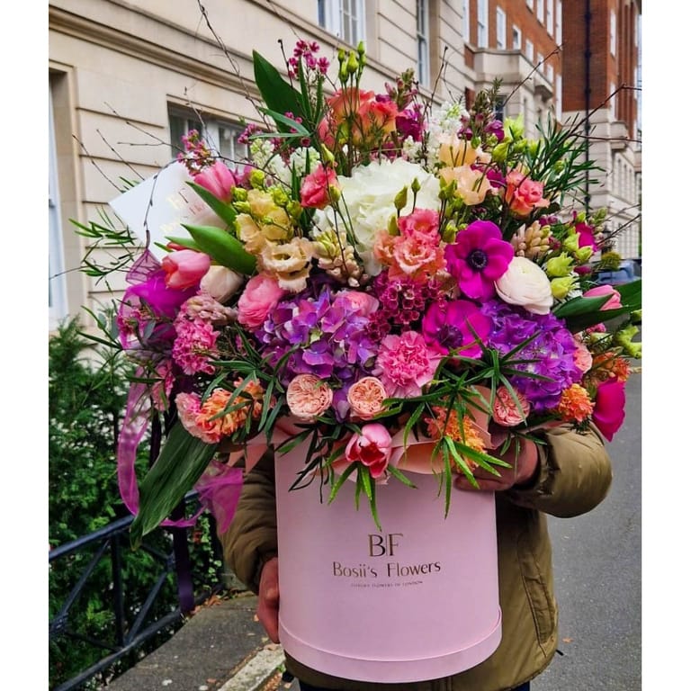Pink Hat Box Flower Arrangement - Image 1