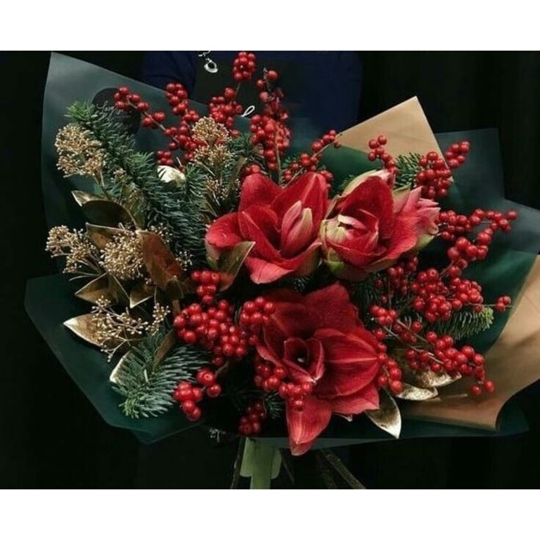 Ilex and Red Amaryllis Bouquet - Image 1