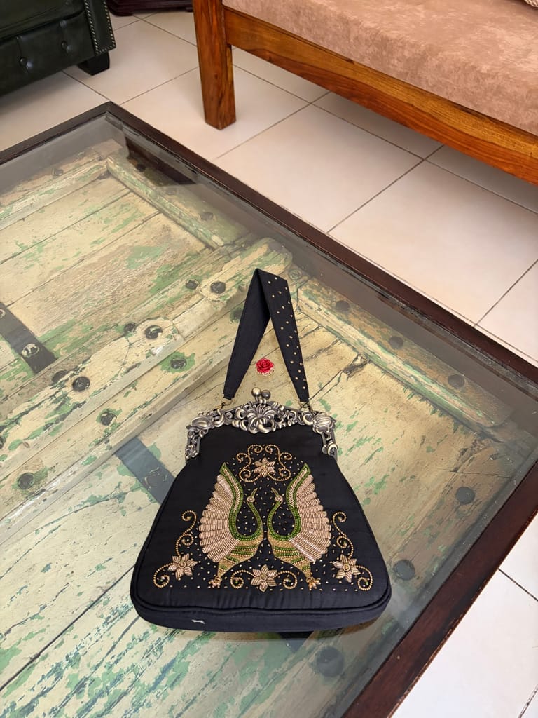 Black raw silk zardozi bag