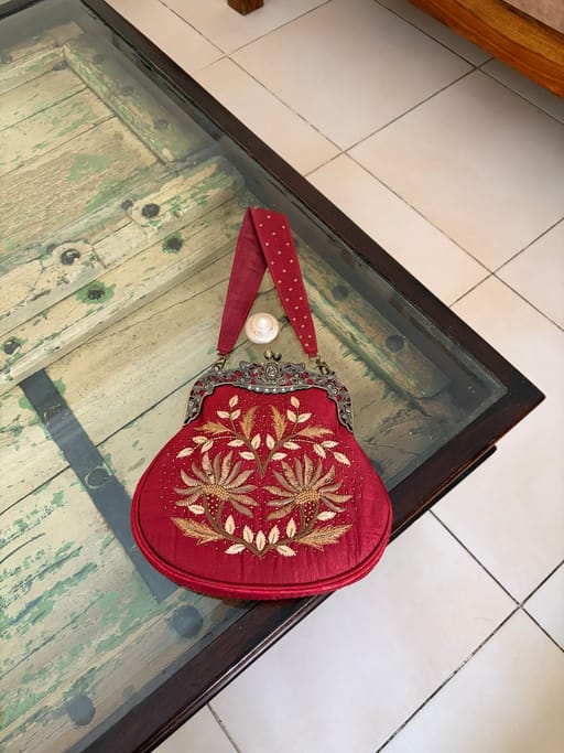 Red raw silk zardozi bag