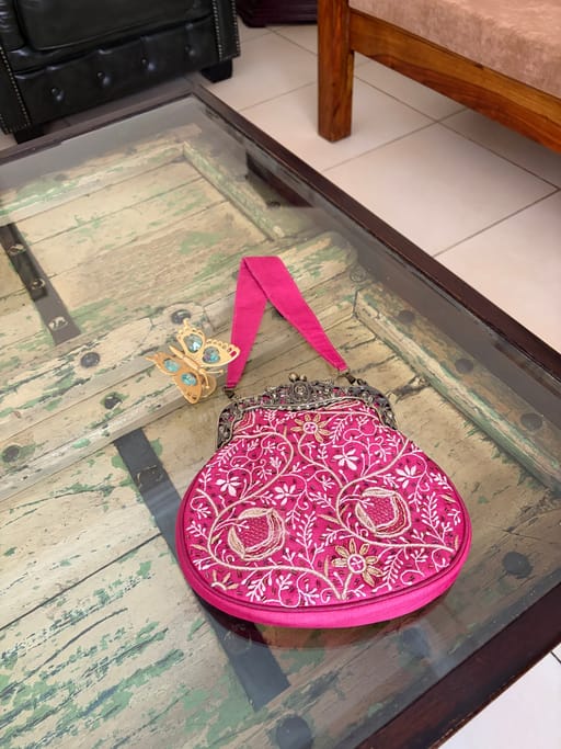 Pink raw silk zardozi bag