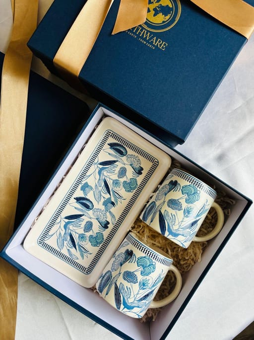 Blue Floral Platter & Set Of Two Cups