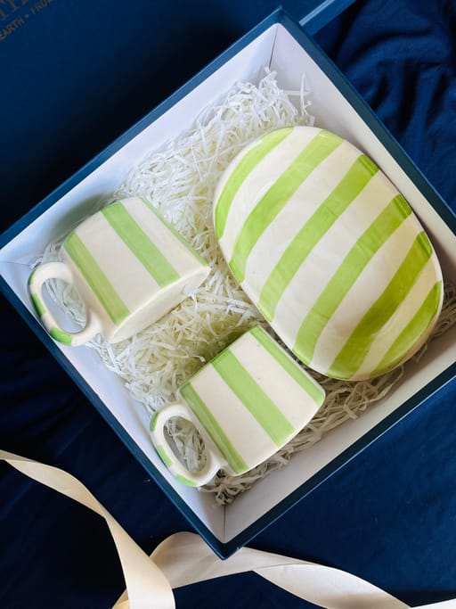 Green Striped Snack Bowl & Coffee Cups