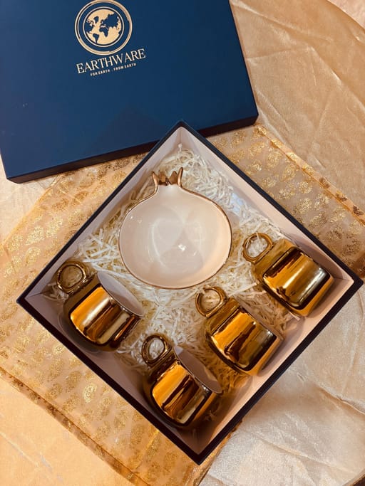 Golden Glazed Pomengrate Bowl & Tea Cups
