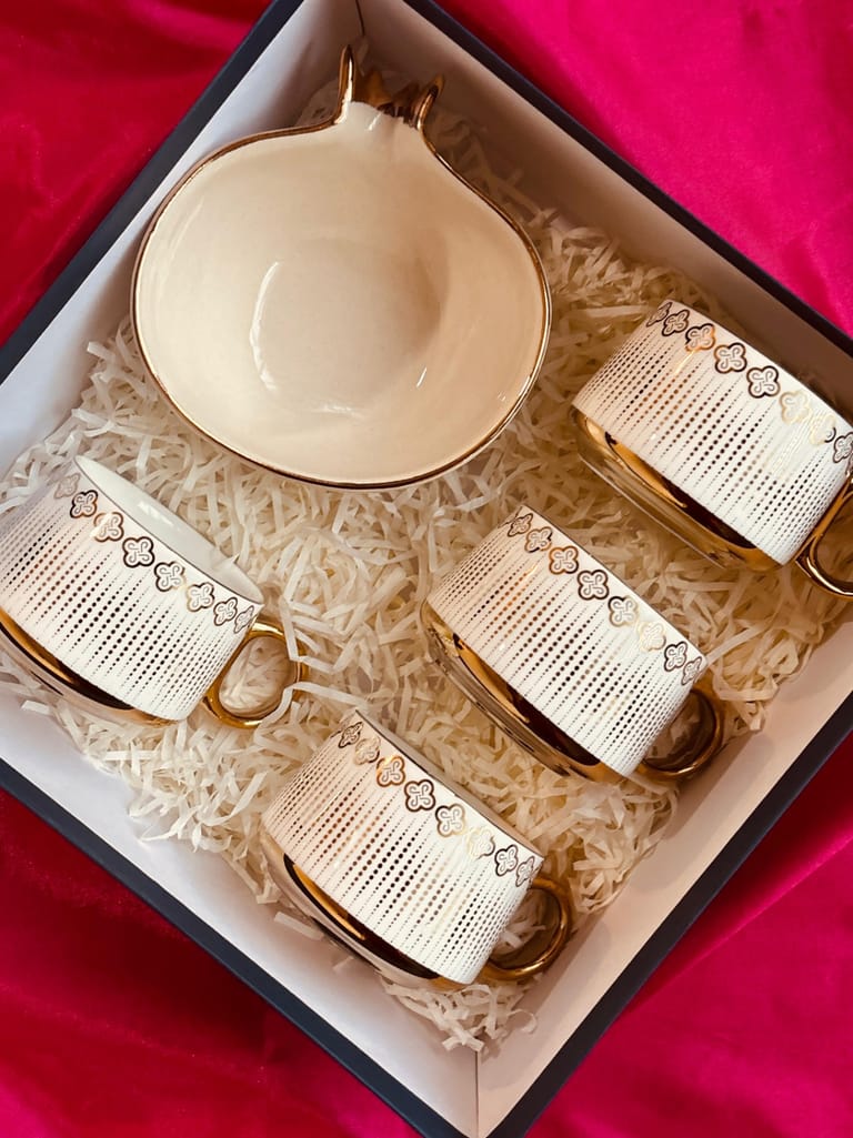 Golden Glazed Pomengrate Bowl & Tea Cups - Image 2
