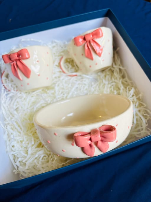 Pink Bow Style Snack Bowl & Tea Cups