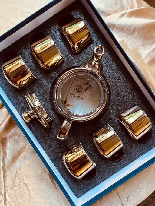 Golden Glazed Kettle Set With 6 Tea Cups