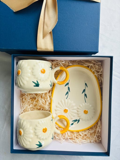 Bright Sunflower Snack Plate & 2 Coffee Cups