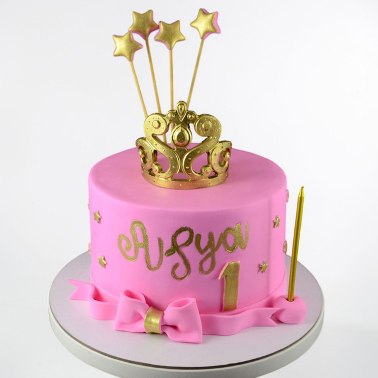 Royal Pink & Gold Crown 1st Birthday Cake - Image 1