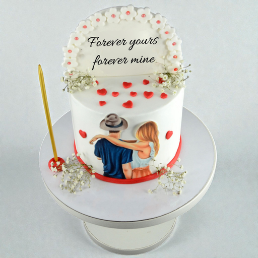 Romantic "Forever Yours" Couple's Illustration Cake