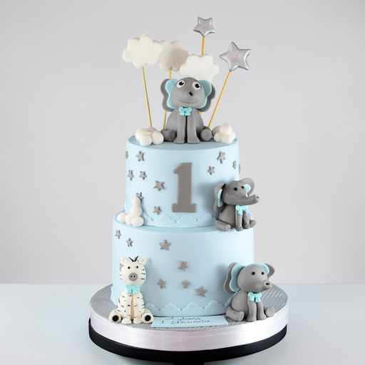 Premium 2-Tier Pastel Elephant Safari 1st Birthday Cake
