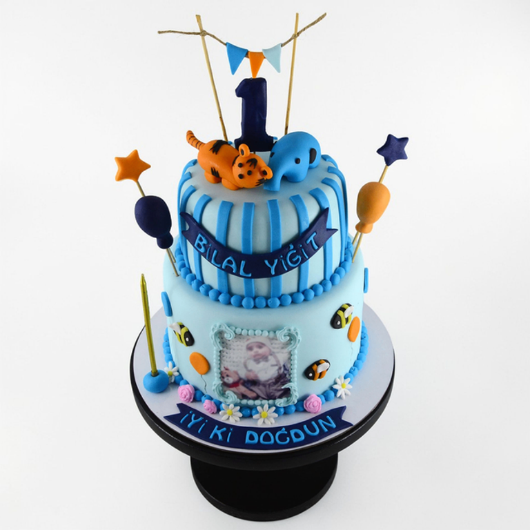 Premium 2-Tier Jungle & Photo 1st Birthday Cake - Image 1