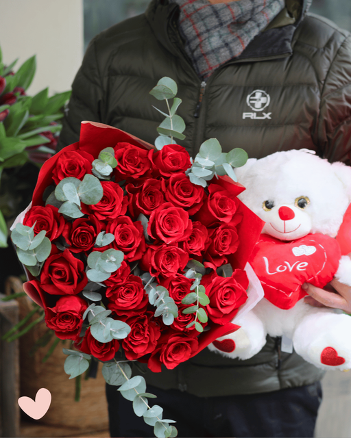 24 Rosas Rojas con Peluche