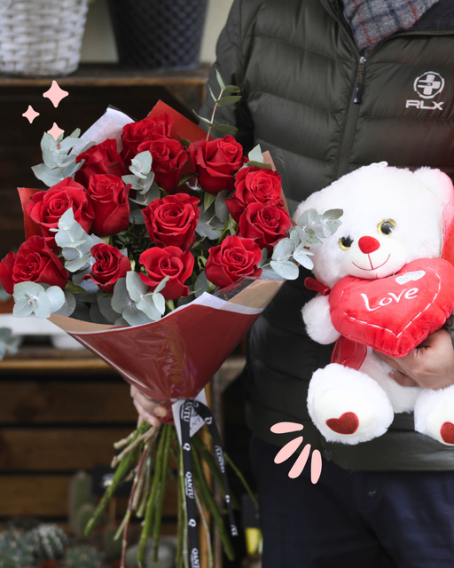 13 Rosas Rojas con Peluche
