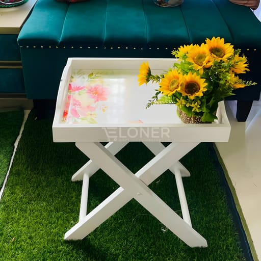 Wooden Foldable Tray Stool (White Flower)