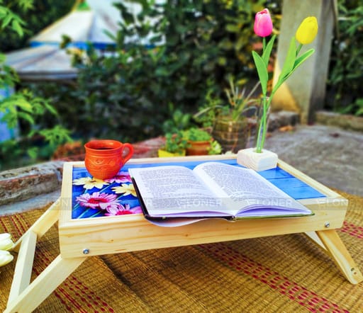 Wooden Foldable Table Blue Wood Flower (Woody)